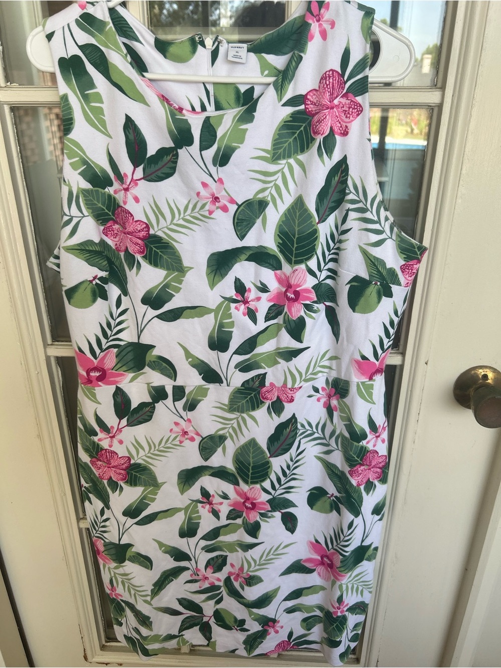 Old Navy White Floral Tropical Sheath Dress with Green Leaves and Pink Flowers